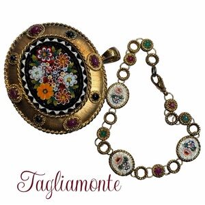 Tagliamonte Oval Micromosaic Floral Pendant & Bracelet w/Cabochon Accents (VGUC)